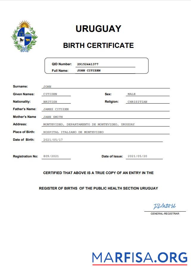 Realistic Uruguay vital record birth certificate Word and PDF template